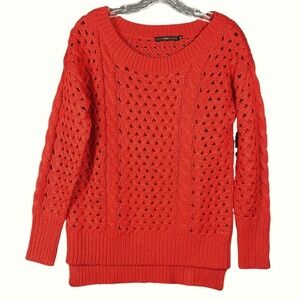 Hazel Sweater Women XS Orange Red Cable Knit Pointelle Boat‎ Neck Boho